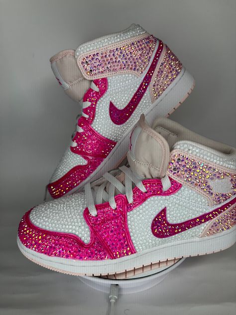 Rhinestone Nikes Shoes, Blinged Out Shoes, Rhinestone Jordans, Bling Sneakers Rhinestones, Pink Air Jordans, Bday Shoes, Custom Jordan 1 Mid, Bedazzled Shoes Diy, Cute Jordans