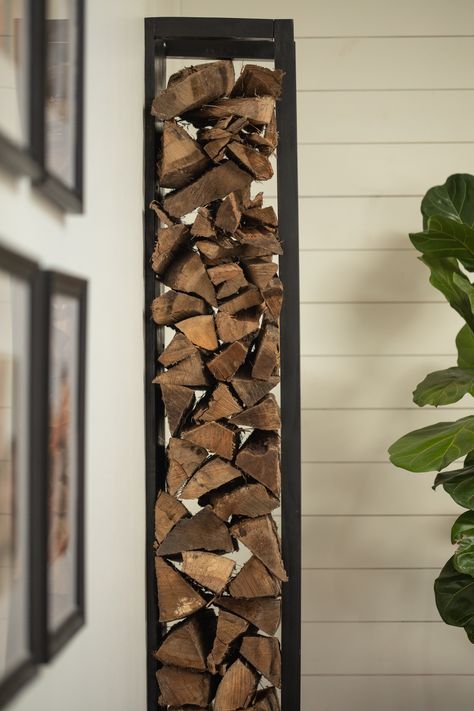 How to Build a DIY Indoor Firewood Storage Rack - Full Hearted Home Diy Fireplace Wood Holder, How To Make A Firewood Holder, Wood Storage Wall, Metal Wood Rack For Firewood, Firewood Holder Indoor Living Rooms, Decorating Around A Wood Stove, Diy Wood Holder Indoor, Indoor Wood Storage Ideas Firewood Rack, Log Storage Next To Fireplace