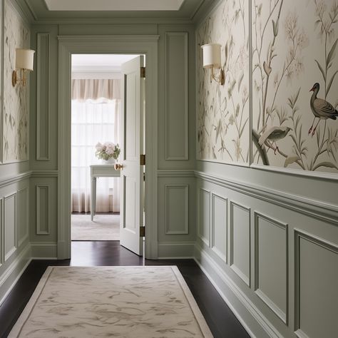 Penelope Herbert | Save money on this high-end looking renovation hack! Wainscoting is an inexpensive way to make your space look way more expensive. Suitable... | Instagram Wall Decor Above Wainscoting, Blue Green Wainscotting, Entrance Hallway Wallpaper, Wallpaper Waynes Coating, Wallpaper Inside Panels, Crown Molding And Wallpaper, Wallpaper With Crown Molding, High Wainscoting Dining Room, Long Hallway Panelling