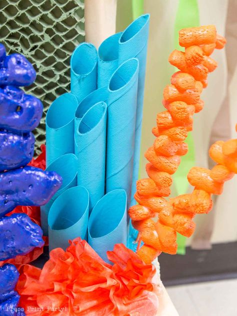 Underwater Party Decorations Diy, How To Make Seaweed Decorations, Underwater Theme Decorations, Sea Anemone Craft, Scuba Vbs Crafts, Diy Octopus Decoration, Scuba Vbs 2024 Decorations, Underwater Party Theme, Diy Coral Reef