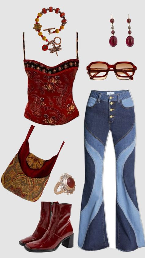 60s 70s outfit #outfitinspo #vintage #70s #60s 70s Romantic Fashion, 70s Aesthetic Costume, 70s Glam Fashion Vintage, 70s Outfits Authentic, 70s Fashion Orange, Flare Jeans Outfit 70s Style, Aesthetic 60s Outfit, Groovy Concert Outfit, Groupie Outfit 70s