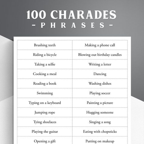 Enhance your charades game nights with our Printable Charades Phrases Set! Packed with 100 engaging action words, this instant download PDF is designed to bring endless excitement and laughter to your gatherings. Our printable set features four meticulously crafted pages, each containing 25 unique charades phrases, carefully selected to provide a wide range of entertaining actions. From simple gestures to hilarious challenges, this collection ensures hours of fun-filled gameplay for players of a Fishbowl Game Words, Reverse Charades Word List, Pictionary Words List Printables, Kids Charades, Charades Word List, Reverse Charades, 100 Expressions, Charades Ideas, Charades Words