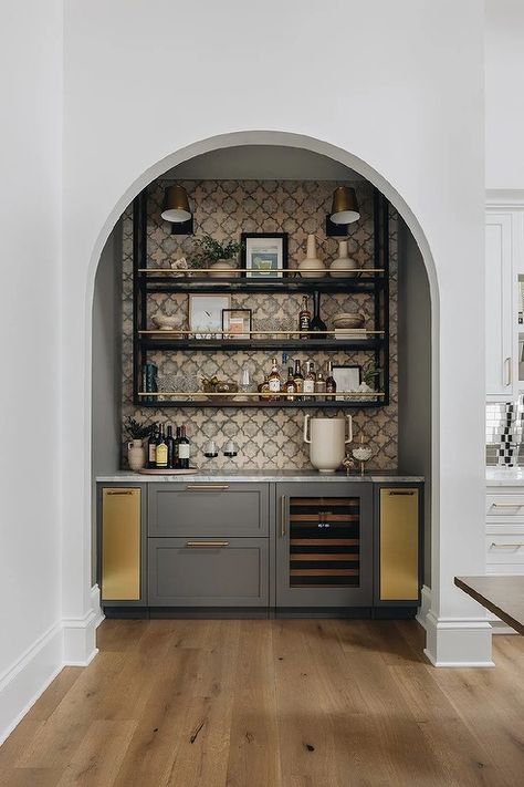 Gray Wet Bar Cabinets with Gold Cabinet Doors - Transitional - Kitchen Spanish Style Wet Bar, Bar Alcove, Wet Bar Cabinets, Bar Nook, Cabinet Door Designs, Bar Cabinets, Bar Shelves, Built In Bar, Glass Front Cabinets