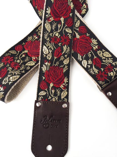 "The Billy Guitar Strap by Native Sons The Billy features stunning Red Roses with Metallic Gold floral on a Black background that has been expertly stitched. This is a superior strap made of sleek black nylon webbing which is extraordinarily comfortable for long play. Choose your Webbing: - Black Nylon - A Classic Choice- extremely durable, excellent drape, feels Oh so luxurious! - Natural Hemp- Native Sons is proud to play a part in bringing the textile mills back to the United States! Our herr Acoustic Guitar Chords, Acoustic Guitar Strap, Diy Leather Projects, Cool Electric Guitars, Guitar Accessories, Guitar Design, Music Guitar, String Instruments, Guitar Strap