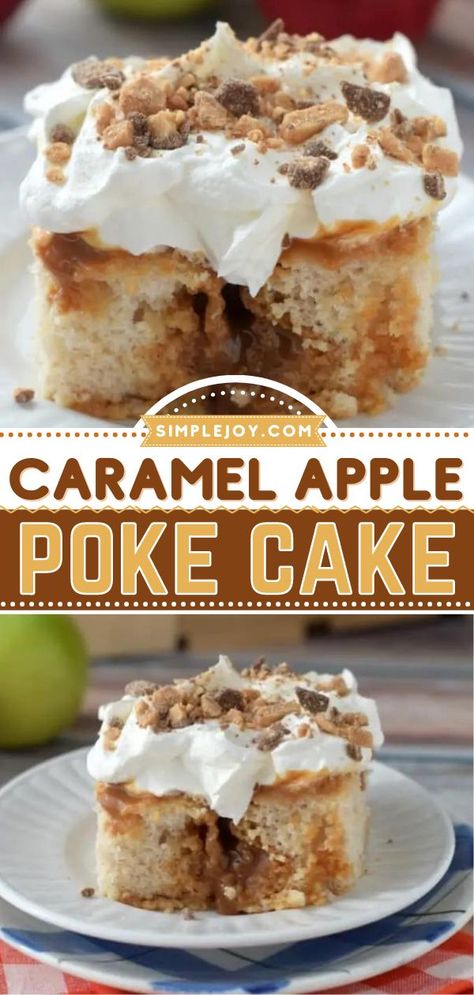 Caramel Apple Poke Cake, fall, apple recipes, thanksgiving desserts, sweet treats Caramel Apple Poke Cake, Apple Poke Cake, Fall Dessert Recipes Easy, Fun Thanksgiving Desserts, Apple Recipe, Thanksgiving Cakes, Caramel Desserts, Apple Pie Filling, Fall Desserts Easy