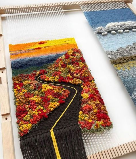 Tapestry Weaving Art, Sunset Weaving, Easy Weaving Projects, Fall Weaving, Tapestry Weaving Ideas, Weaving Projects Ideas, Landscape Weaving, Waiting For Rain, Woven Tapestry Art