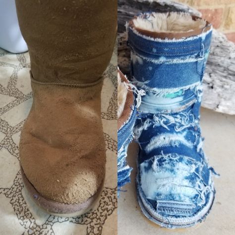 Diy Jean Boots Ideas, Jean Ugg Boots Diy, Diy Ugg Boots Makeover, Denim Shoes Diy, Ugg Repair, Denim Boots Diy, Diy Boots, Jean Boots, Upcycle Shoes