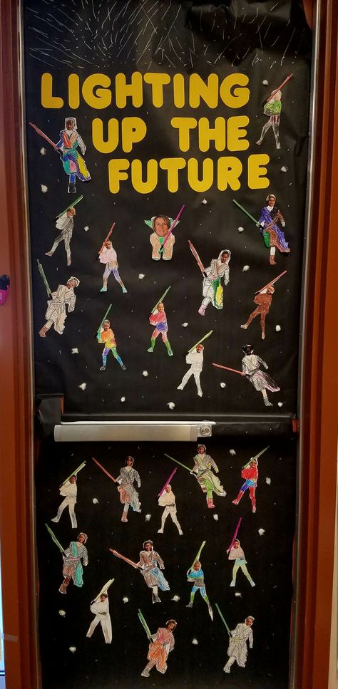 Lighting up our future classroom door for star wars.  May the fourth or force be with you.  I used straws for the light saber's. Star Wars Door Decorations Classroom, May The 4th Be With You Bulletin Board, Star Wars School Theme, Starwars Classroom Theme, Star Wars Door Decorations, Star Wars Teacher Appreciation, Star Wars Classroom Door, Star Wars Classroom Decorations, Star Wars Bulletin Board