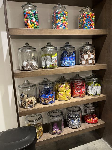 Basement Snack Bar Ideas Beverage Center, Man Cave Snack Bar, Rec Room Furniture Ideas, Home Theater Candy Bar, Home Theater Snack Bar Ideas Modern, Theater Room Candy Display, Basement Candy Bar, Home Theater Candy Display, Basement Concession Bar