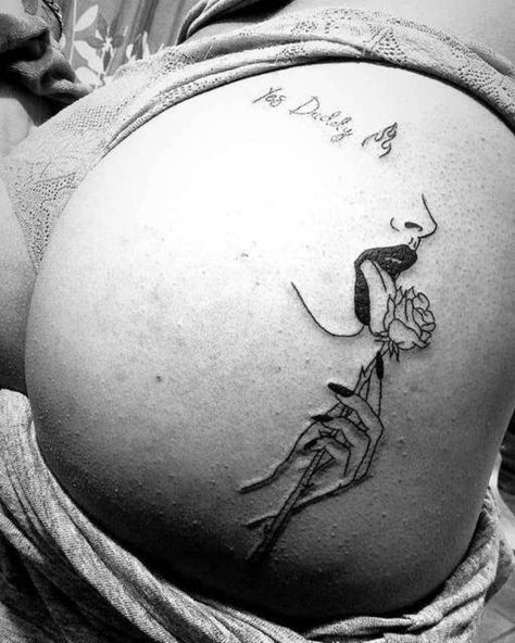 Underbutt Cheek Tattoo, Spicy Tattoos For Women, Buttcheek Tattoo Women, Under Buttcheek Tattoo Women, Under Buttocks Tattoo, Braille Tattoo, Stomach Tattoos Women, Private Tattoos, Mom Tattoo Designs