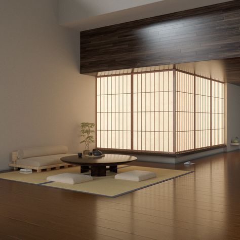 Isolation Rooms on Behance Zen Style Interior, Japanese Living Room, Japan Decor, Japan Interior, Japandi Living Room, Zen House, Japandi Living, Japanese Room, Japanese Home Decor