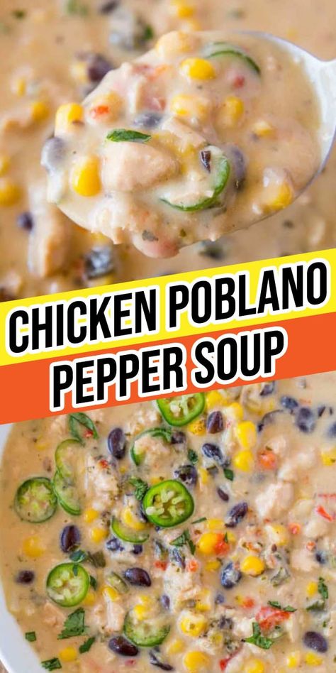 Creamy Chicken Poblano Pepper Soup is an easy soup recipe with chicken and roasted poblano peppers in a creamy broth. Try making it today! Chicken And Rice Soups, Best Soup With Chicken, Chicken Plobanos Soup, Soups With Rotisserie Chicken, Garden Pepper Recipes, Chicken Poblano Soup Recipe, Poblano Chicken Soup, Chicken And Poblano Peppers, Chile Relleno Chicken Soup