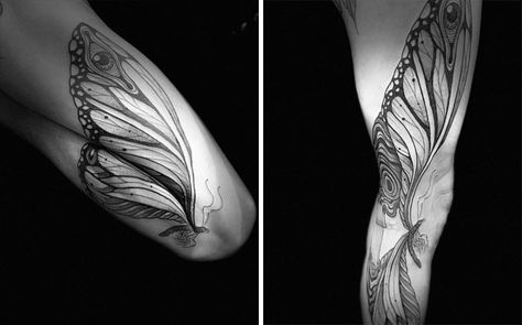 35 Genius Tattoos That Reveal Their True Form When The Body Moves, By Veks Van Hillik Tattoo Bending Tattoos, Laughs Quotes, Indie Dress, Palm Tattoos, Indie Dresses, Angel Wings Tattoo, Laughing Quotes, How To Use Photoshop, Wings Tattoo