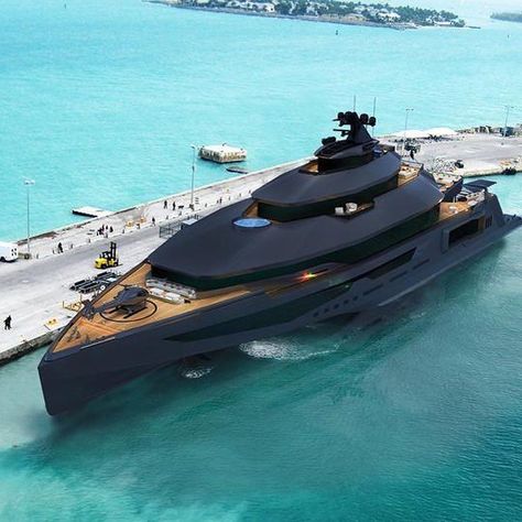 Matte Black Mega Yacht - Calibré 102 with it's Own Helicopter and Helipad .  www.jetex.com #jetsetter #privatejet #luxury #travel #jetex #adventure #yacht #matteblack #style Black Boat, Luxury Boat, Cool Boats, Yacht Life, Boats Luxury, Yacht Boat, Yacht Design, Best Luxury Cars, Super Yachts