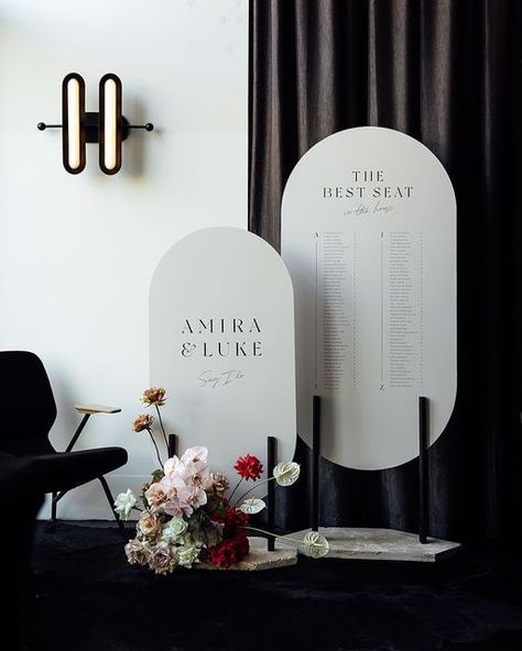 Jem&I Designs on Instagram: "The best seat in the house 🖤 Custom double stacked welcome sign, seating plan created with @the_eventurer for Amira and Luke - Design @jemandi_designs Styling and concept brief @the_eventurer Florals @ivyandeveflowers Image @smokey_oscar - #jemandi #bespoke #customstationery #customdesign #weddingstarionery #bespokewedding #customwedding #weddingdesign #weddingmenu #design #stationery #graphicdesign #weddingplacecard #weddingfavours #luxewedding #boldwedding #mod Wedding Seating Plan, Diy Seating, Wedding Mirror, Wedding Kit, Seating Plan Wedding, Luxe Wedding, Seating Plan, Wedding Games, Modern Seating