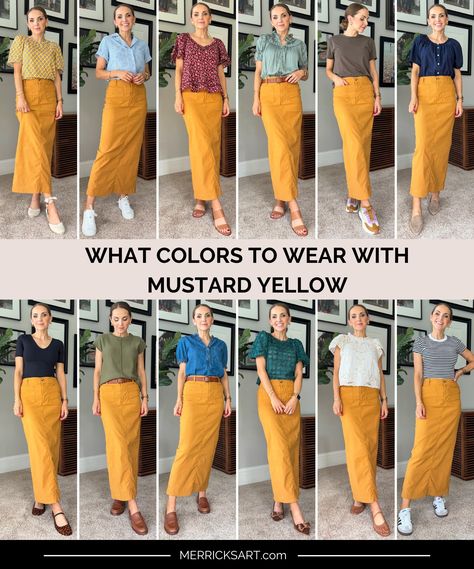 What Colors To Wear With Mustard Yellow - Merrick's Art How To Wear Mustard Yellow Pants, Colors To Wear With Mustard Yellow, Mustard Yellow Color Combinations Outfits, Mustard Pants Outfit Work, Mustard Color Combinations, Mustard Yellow Outfit Combination, Colors That Go With Mustard Yellow, Mustard Colour Combinations, Yellow Mustard Outfit