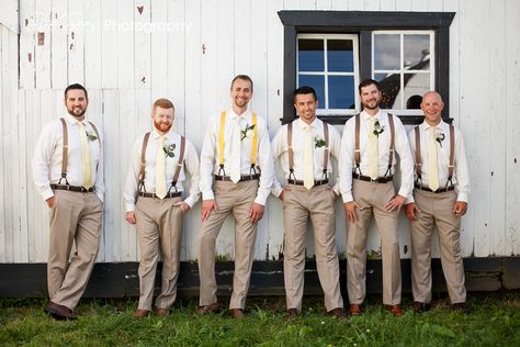 Groomsmen tan pants, off white shirts, suspenders. Pants For Wedding, Tan Dress Pants, Vintage Suspenders, T Shirt Tutorial, Wedding Outfit Men, Tan Dress, Tan Pants, Country Wedding Dresses, Rustic Barn Wedding