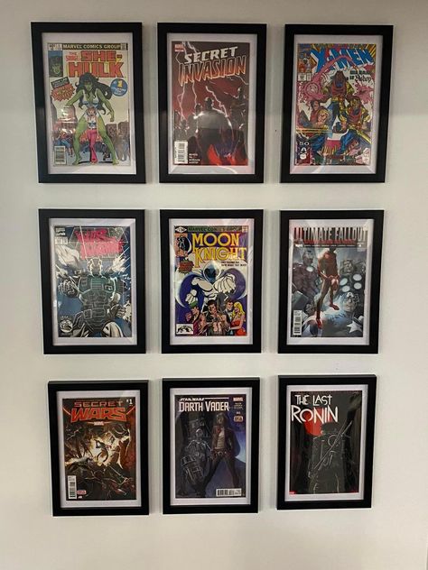 Dc Room Ideas, Comic Book Decor, Geek Living Room, Comic Book Wall Display, Comic Themed Room, Nerd Room Ideas, Comic Book Wall, Comic Display, Comic Book Display