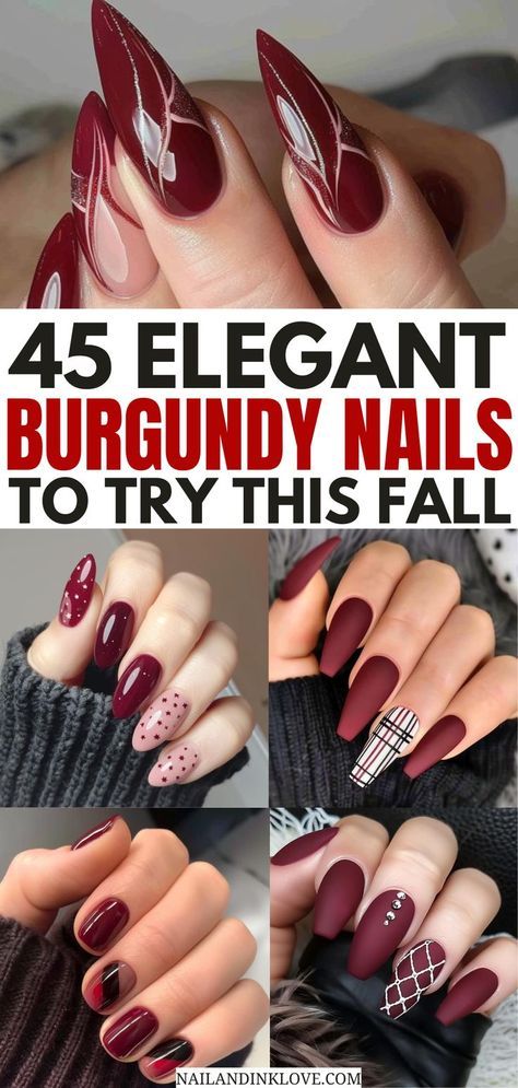 I’m obsessed with this blog’s burgundy nail art! Their short burgundy nails ideas are super cute and easy to do. If you’re into burgundy nails and looking for practical designs, you’ve got to try these fall burgundy nails and burgundy nail designs. Maroon Nail Designs, Burgundy Nail Art, Burgundy Acrylic Nails, Fall Toe Nails, Plaid Nail Designs, Burgundy Nail Designs, Season Nails, Simple Fall Nails, Maroon Nails