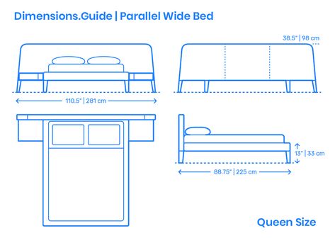 The Parallel Wide Bed is a standard bed with a headboard shape resembling a trapezium. There are built-in side tables attached beside the bed and drawers underneath for extra storage. The Parallel Wide Bed has an overall height of 38.5” (98 cm), and is manufactured with various widths that range between 110.5”-126” (281 -320 cm), and lengths from 88.75”-92.5” (225-235 cm). The platform height of the Parallel Wide Bed is set at 13” (33 cm). Downloads online #beds #bedroom #furniture #home Bed Standard Dimensions, Bed Side Table Dimensions, Bed Height Standard, Bed Dimensions Cm, Bedroom Dimensions Layout, Furniture Dimensions Standard, Side Table Dimensions, Side Table Height, Floor Plan Symbols