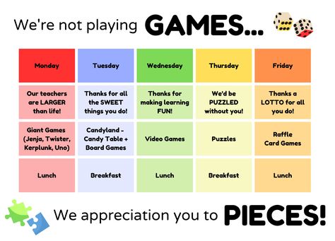 Game Themed Teacher Appreciation Week, Teacher Appreciation Week Game Theme, Board Game Staff Appreciation, Coworker Quotes, Teacher Appreciation Week Themes, Board Game Themes, Teachers Week, Board Games Diy, Professional Development For Teachers