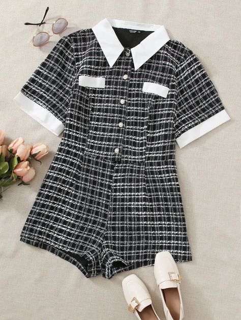 Channel Outfits Classy, Tweed Outfits, Tweed Romper, Channel Outfits, Tweed Outfit, Diy Denim Jacket, E Girl Outfits, Outfits Classy, Korean Fashion Dress