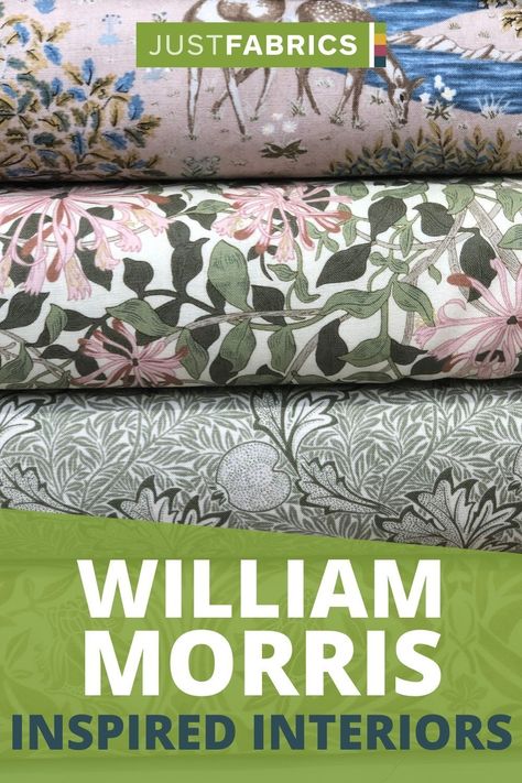 If you love William Morris and arts and crafts designs then you will love this range of craft fabrics! These fabrics include classic designs such as the Strawberry Thief, Honeysuckle and Bluebell which are all available in a variety of colours. These fabrics are perfect for your next sewing project and will suit many crafts such as quilting. #justfabrics William Morris Interior, Aqua Palette, Layer Cake Patterns, Patchwork Projects, The Strawberry Thief, William Morris Strawberry Thief, Strawberry Thief, Art And Craft Design, Dressmaking Fabric