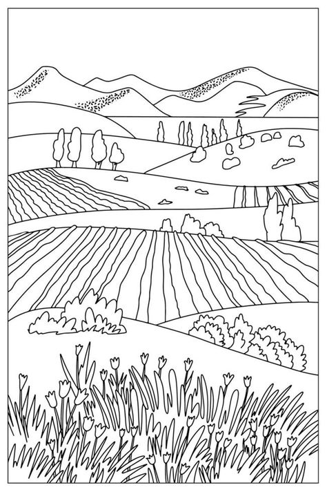 Coloring book . Lovely landscape,mountains and fields in the valley. Vector art line background. Simple Landscape Doodles, Plains Landscape Drawing, Line Art Drawings Landscapes, Hand Drawn Coloring Pages, Valley Drawing Simple, Line Landscape Drawing, Doodles Landscape, Field Drawing Easy, Line Landscape Art