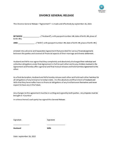 Divorce General Release - Are you looking for Divorce settlement between Husband and wife? Download this legal Divorce General Release template now! Fake Divorce Papers Printable, Divorce Letter To Husband, Divorce Letter, Fake Divorce Papers, Printable Divorce Papers, Divorce Settlement Agreement, Divorce Forms, Divorce Agreement, Letters To My Husband