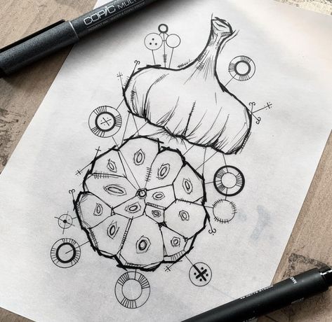 Food Ink Drawing, Garlic Illustration Design, Garlic Tattoo Traditional, Garlic Bulb Tattoo, Garlic Drawing, Food Tattoo Ideas, Garlic Tattoo, Garlic Illustration, Kitchen Tattoo