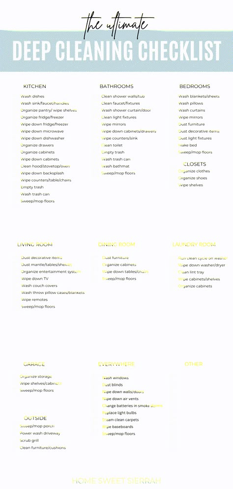 The Ultimate House Cleaning Checklist - homesweetsierrah.com Checklist Cleaning House, Deep Cleaning House Checklist One Day, House Clean Routine, Cleaning Service Ideas, Whole House Deep Cleaning Checklist, House Cleaner Professional, Deep Cleaning Checklist By Room, Deep Clean Living Room, Deep Clean House