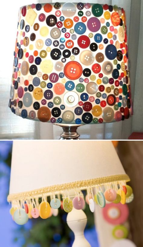 Are you looking for a fun way to put your own personal touch to the décor in your room?  Why not dress up that old boring lamp shade?  There are so many ways you can customize a lamp shade that you… Lamp Shade Crafts, Diy Lampe, Decorative Lamp Shades, Cool Lamps, Diy Buttons, Diy Lamp Shade, Button Art, Sewing Rooms, Button Crafts