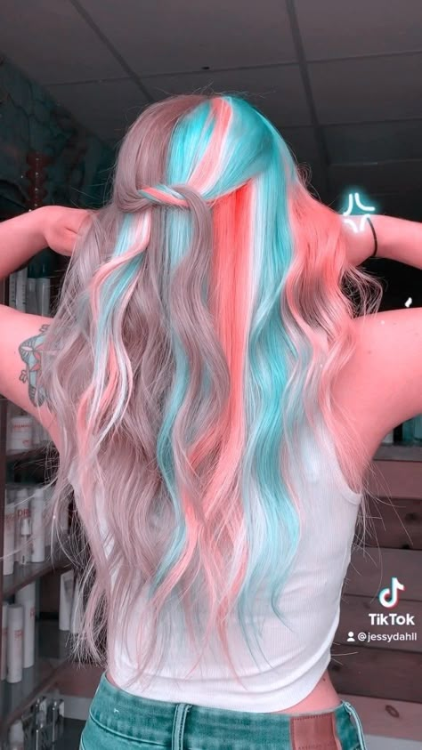 Hair Dye Ideas Blonde Color Trends, Easter Hair Color, Dark Blonde Hair With Color Peekaboos, Cute Hair Colors For Blondes, Summer Color Hair, Blue Blonde Hair, Rainbow Hair Highlights, Harley Quinn Sticker, Blonde And Blue Hair