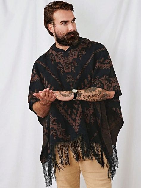 Multicolor Casual Collar Short Sleeve Knitwear Tribal Poncho Embellished Slight Stretch  Men Clothing Mens Flowy Fashion, Mage Clothes, Adventure Clothing Men, Dune Fashion, Boho Clothing Men, Mens Rave Outfits, Burning Man Style, Short Poncho, Poncho Fashion