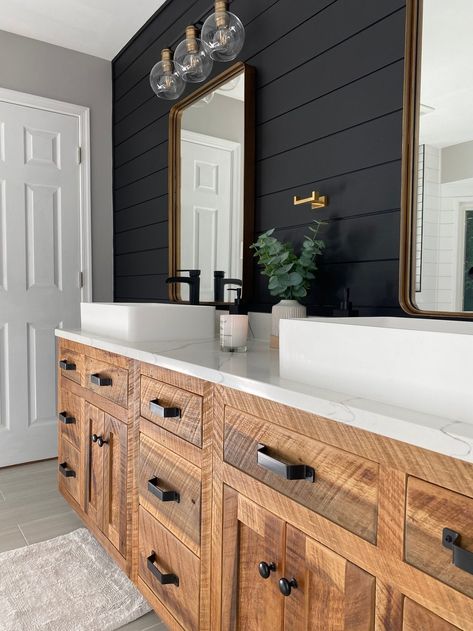 Carter Master Bath — Bella Via Design Wood Bathroom Remodel, 2 Separate Vanity Master Bath, Bead Board Master Bath, Bathroom Mood Board Master Bath, Black Farmhouse Master Bath, 78 Inch Bathroom Vanity, Farmhouse Bathrooms Modern, Iron Ore Master Bath, Shiplap Bathroom Accent Wall Master Bath