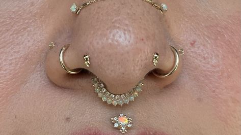 Annie | lil baby forward nostrils for one of my favorite ladies wearing a couple of 18k Desta ends from @anatometalinc ✨ • *low nostrils & septum… | Instagram Nose Peircings Double And Septum, Stacked Septum Piercing, Tiny Septum Piercing, Mantis Piercing, Septum Stack, Stacked Septum, Septum Gold, High Nostril Piercing, Septum Nose Piercing