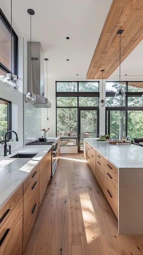 Modern Kitchen With Wood Accents, Interior Design Kitchen Minimalist, Mediterranean Minimalist Kitchen, Clean Interior Aesthetic, Rustic And Modern Kitchen, Kitchen In Center Of House, Modern Kitchen With Wooden Floor, Modern Pnw Home, Kitchen Modern Organic