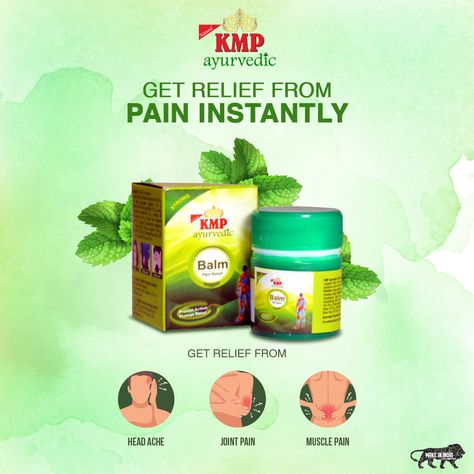 KMP Ayurvedic Balm is the perfect antidote to your pain woes. Be it headache, joint or muscle pain, get relief instantly! #PainReliefBalm #AyurvedicProduct #Healing #PainRelief #Balm #painbalmstrong #KMPAyurvedic Ayurvedic Products Creative Ads, Medicine Ads, Dexter Poster, Math Clock, Tiger Balm, Ayurvedic Products, Ginger Smoothie, Pain Relief Cream, Art Magic