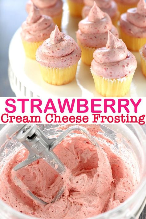 How To Make Strawberry Cream Cheese Frosting, Strawberry Cream Cheese Filling For Cake, Cupcake Creme, Strawberry Cream Cheese Icing, Strawberry Cream Cheese Filling, Shortcake Cupcakes, Whipped Cream Cheese Frosting, Strawberry Cream Cheese Frosting, Icing Recipes