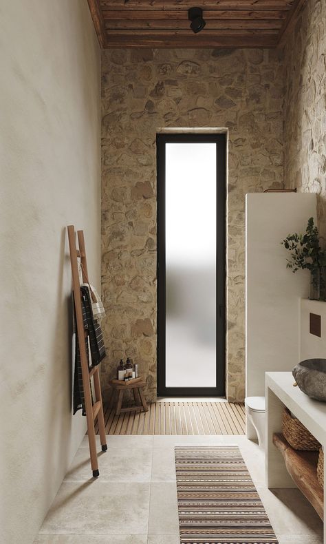 Bathroom Design Natural Stone, Natural Half Bathroom Ideas, Closed Shower Ideas, Stone House Interior, Bathroom Natural Stone, Stone Feature Wall, Interior Design Per La Casa, Stone Interior, Rustic Bathroom Decor