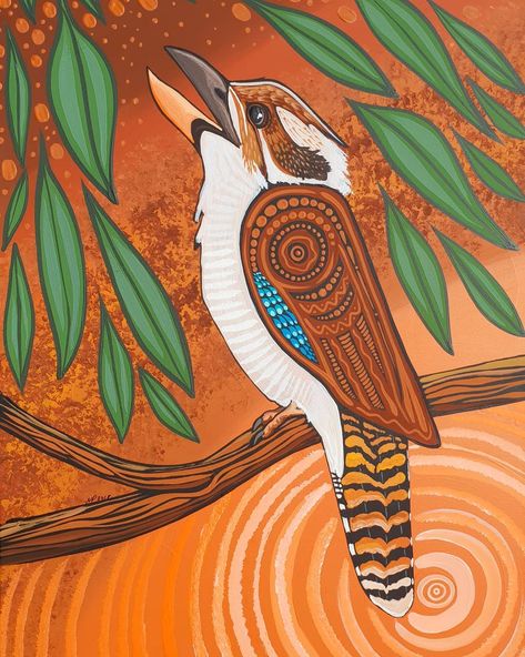 Iluka Art & Design on Instagram: “"Amongst the Gumleaves"  Laughing Kookaburra perched in the Gumtree #australianbirds #birdart #kookaburra #laughing #gumleaves #gumleaves…” Aboriginal Art Australian, Laughing Kookaburra, Indigenous Australian Art, Aboriginal Dot Art, Australian History, Aboriginal Artwork, Aboriginal Artists, Australian Birds, Dot Art Painting