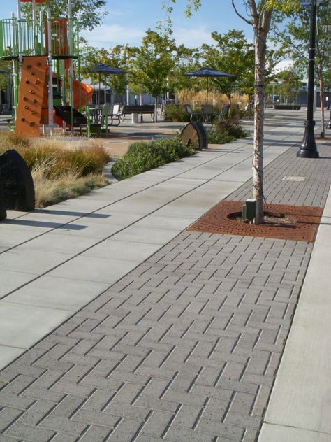 Eco-Priora Permeable Pavers Street Pavement Design, Paved Garden Ideas, Sidewalk Design, Permeable Pavement, Concrete Pavers Walkway, Pavers Walkway, Walkway Designs, Sidewalk Landscaping, Streetscape Design