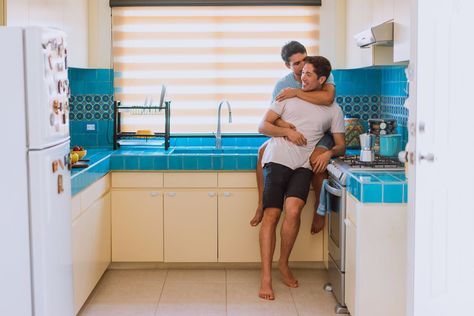 Man Sitting on Kitchen Counter While Hugging Another Man · Free Stock Photo Sitting On Kitchen Counter, Couple Embracing, Bright Kitchen, Bright Kitchens, Man Sitting, Love And Happiness, Another Man, Couple Poses, Creative Commons