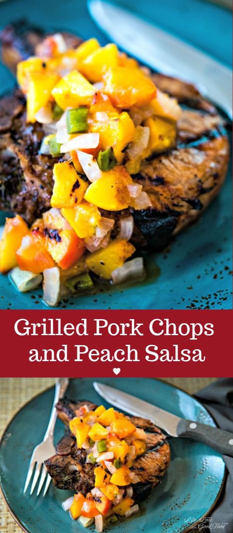 This easy recipe for Grilled Pork Chops with Peach Salsa has lime juice in the marinade to bring out all the tenderness of the juicy bone-in chops. Grill Summer peaches and sweet Vidalia onion to make a healthy salsa to top it off and you have a delicious Summer meal! #grilledporkchops #peaches #peachsalsa Grill Dinners, Recipe With Peaches, Marinated Pork Chops Grilled, Healthy Salsa, Peach Pork Chops, Pork Chop Recipes Grilled, Bone In Pork Chops, Vidalia Onion, Pork Chop Dinner