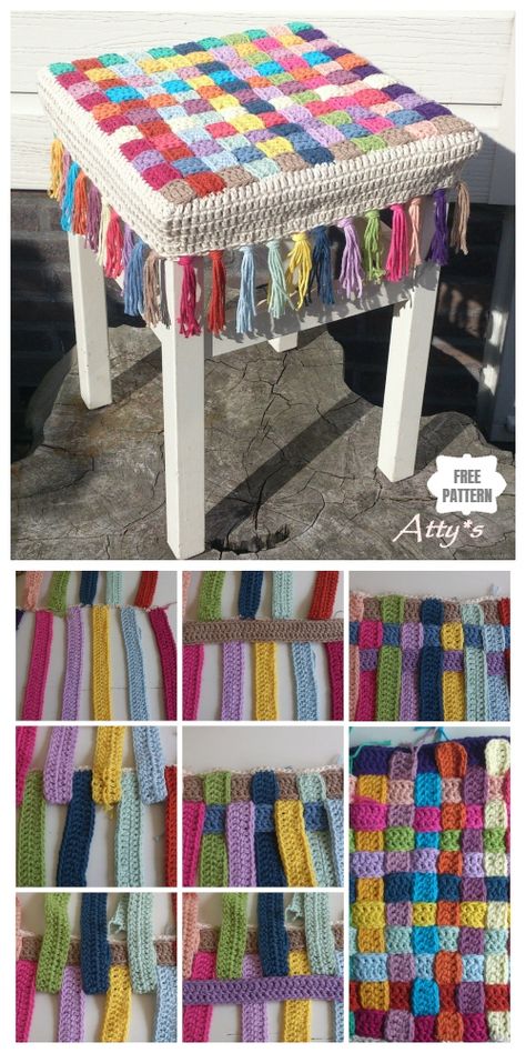 DIY Crochet Basketweave Stool Cover Free Crochet Pattern Beau Crochet, Diy Hanging Shelves, Crochet Patterns Free Beginner, Confection Au Crochet, Weaving Tutorial, Stool Covers, Beginner Crochet Projects, Crochet Diy, Baby Diy