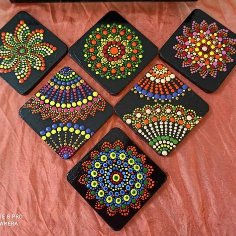 Coaster Dot Painting, Coaster Dot Mandala, Coaster Mandala Art, Mandala Art Coasters, Dot Art On Coasters, Dot Mandala Art Canvas, Coaster Art Paint, Coster Painting Ideas, Dot Painting Coasters