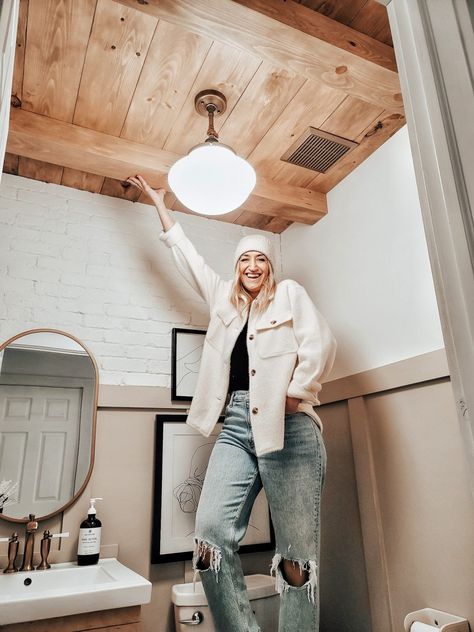 Planked Powder Room Ceiling with beams | Showit Blog Powder Room Ideas Farmhouse, Powder Room Ceiling, Ceiling With Beams, Planked Ceiling, Plain Ceiling, Wood Plank Ceiling, Master Bath And Closet, Plank Ceiling, Bathroom Farmhouse Style