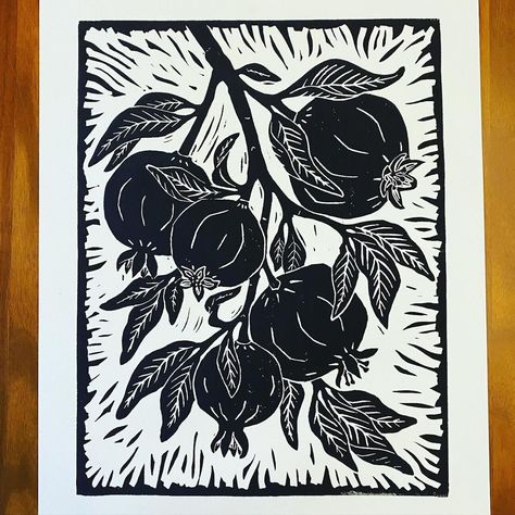 "This \"Angel Red Pomegranate\" is an original block print inspired by the graceful forms and fruit of the pomegranate tree. I create each print by inking and hand pressing a block that I designed and carved. This artwork is signed and numbered and released in a limited edition of black & white prints. This Pomegranate print measures 11\"x14\" and is available on 100% cotton printmaking paper or Japanese Mulberry paper (see variations). Slight print and color variations may occur since each artw Chinese Lanterns Plant, Black White Prints, Pomegranate Print, Pomegranate Tree, Pomegranate Design, Lino Art, Hand Carved Stamps, Linocut Art, Red Pomegranate