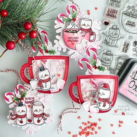 Stamptember 2022, Gift Tag Ornaments, Marshmallow Snowmen, Tag Ornaments, Nichol Spohr, Marshmallow Snowman, Christmas Tags, Christmas Stamps, Shaker Cards