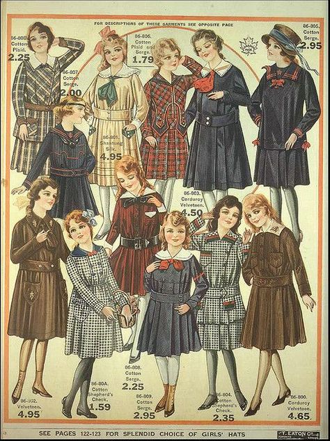 “Girl's fashion from a catalogue, 1917.” Edwardian Sewing, Historical Clothes, 1930 Fashion, Canadian Fashion, Vintage Childrens Clothing, Patron Vintage, Printable Ephemera, Sears Catalog, 1900s Fashion